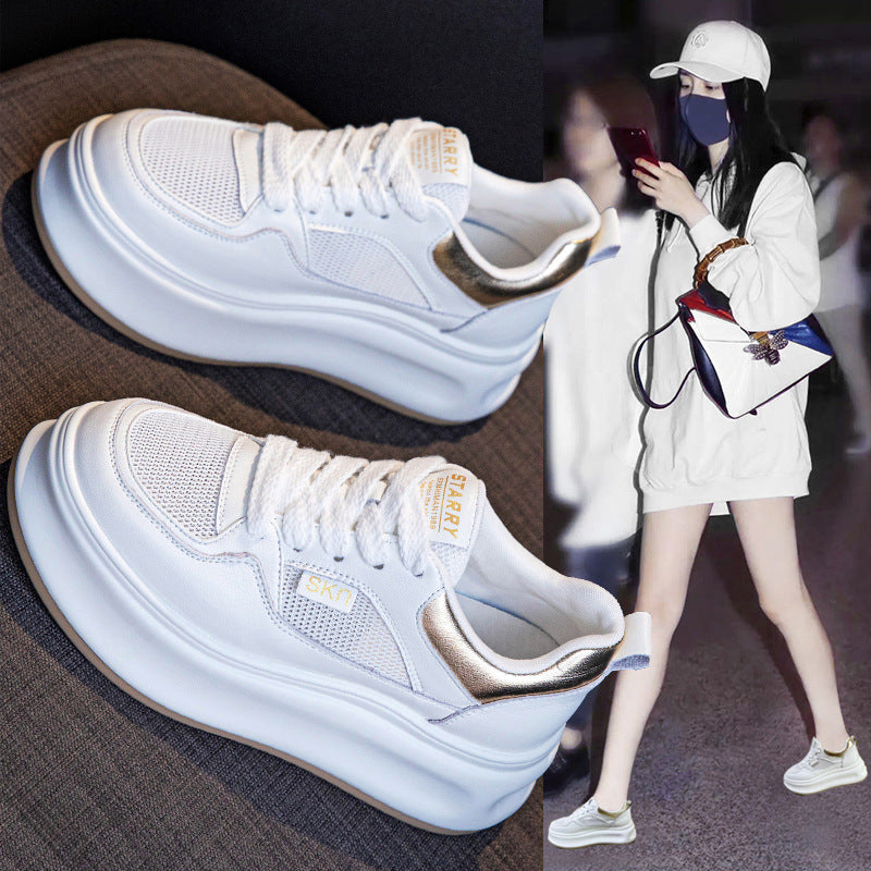 Women's White Sneakers with Hidden Height Increase, 2026 Summer Thin Mesh Breathable Sports Casual Sneakers, Popular Genuine Leather Platform Shoes