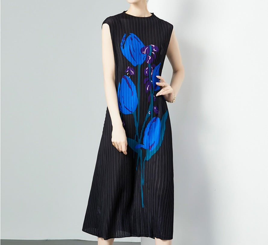 In Stock Miyake Dress Printed Elegant Elegant High-End Loose Slimming Look Elegant Round Neck Sleeveless Pleated Skirt