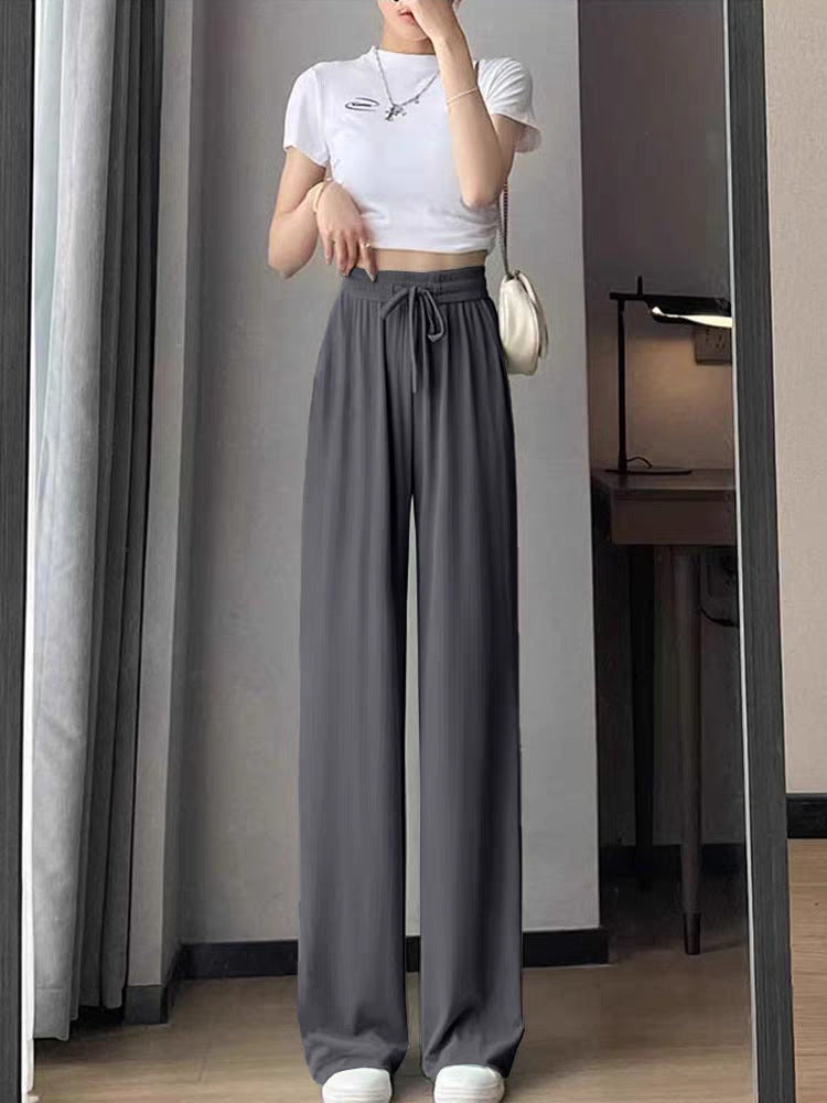 Ice Silk Wide-Leg Pants for Women, Summer Thin High-Waisted Drape Cool Mosquito-Proof Sun-Protective Casual Versatile Floor-Length Straight Pants