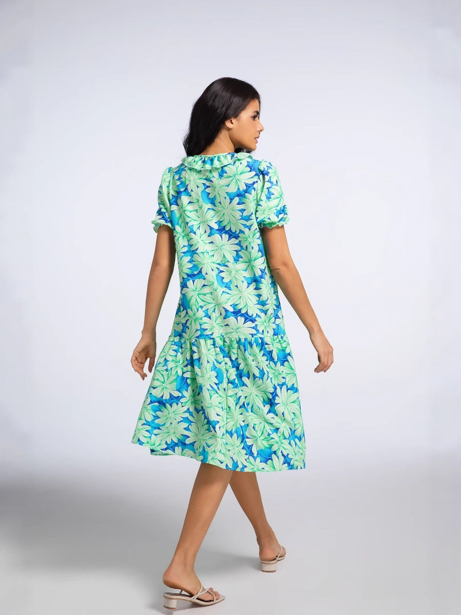 2025 Summer Women's New Ruffled Sleeve Women's European and American Pleated Bow Thai Print Long Skirt Dress