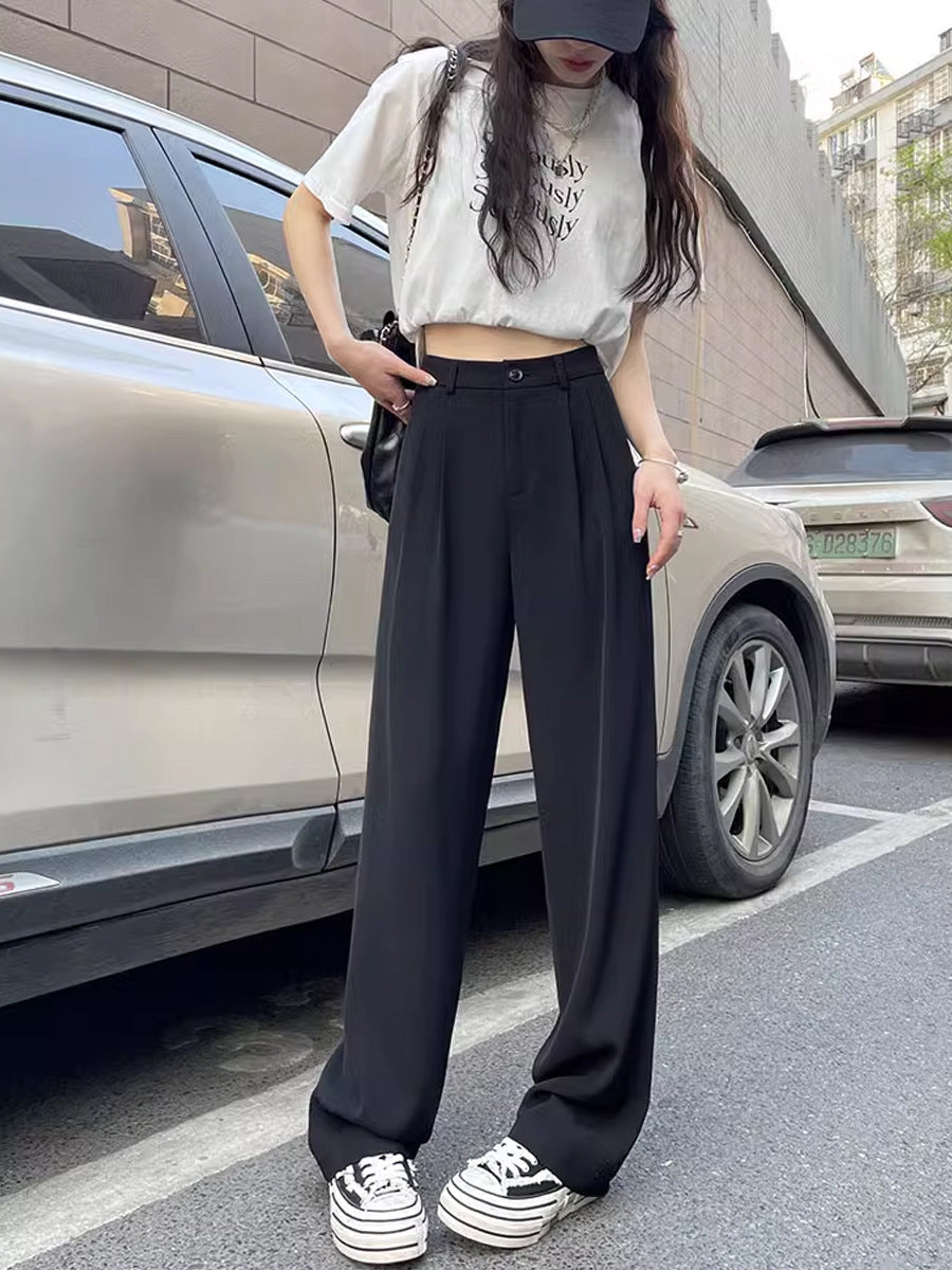 Gray Suit Pants for Women Spring and Summer New High-Waisted Double Pleated Slim Floor-Length Trousers Casual Straight Wide-Leg Pants