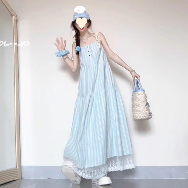 French Elegant Slimming Blue Sleeveless dress Children's Summer 2025 New High-end Seaside Holiday Dress