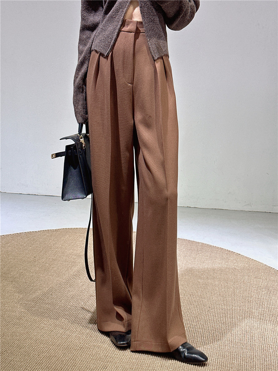 Spring and Autumn New Style Old Money Style Brown Coffee Color Suit Pants for Women, Wide-Leg Pants with Drape Effect, Slimming, Extended Length for Tall Individuals, Straight-Leg Pants