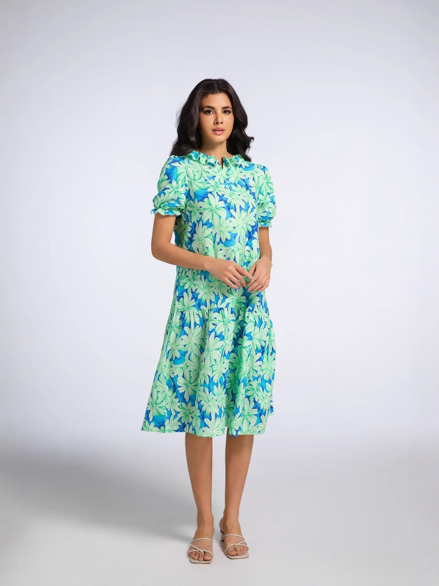 2025 Summer Women's New Ruffled Sleeve Women's European and American Pleated Bow Thai Print Long Skirt Dress