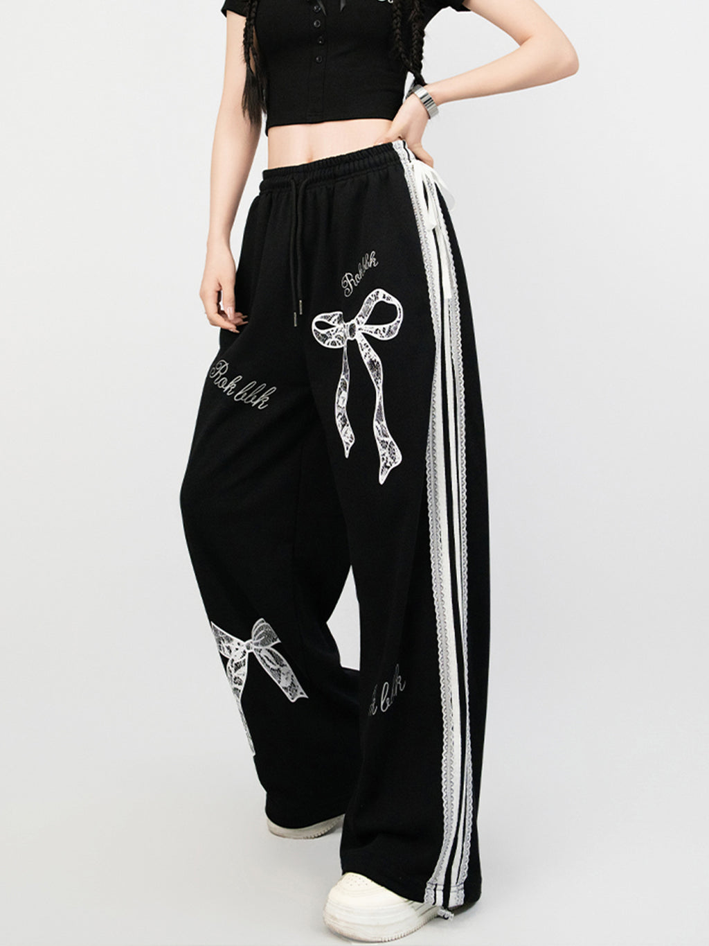 Trendy Jazz Dance Ballet Style Lace Trim Casual Pants Elastic Waist Sports Straight Slim Versatile Black Long Pants