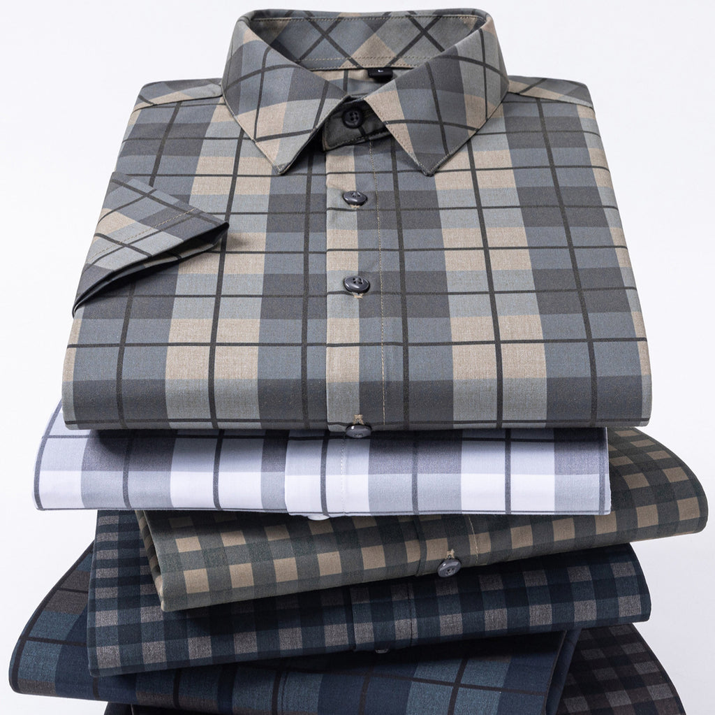 New 2025 Summer New Men's Short-Sleeved Bamboo Fiber Plaid Shirt Casual Half-Sleeved Pocketless Men's Lining