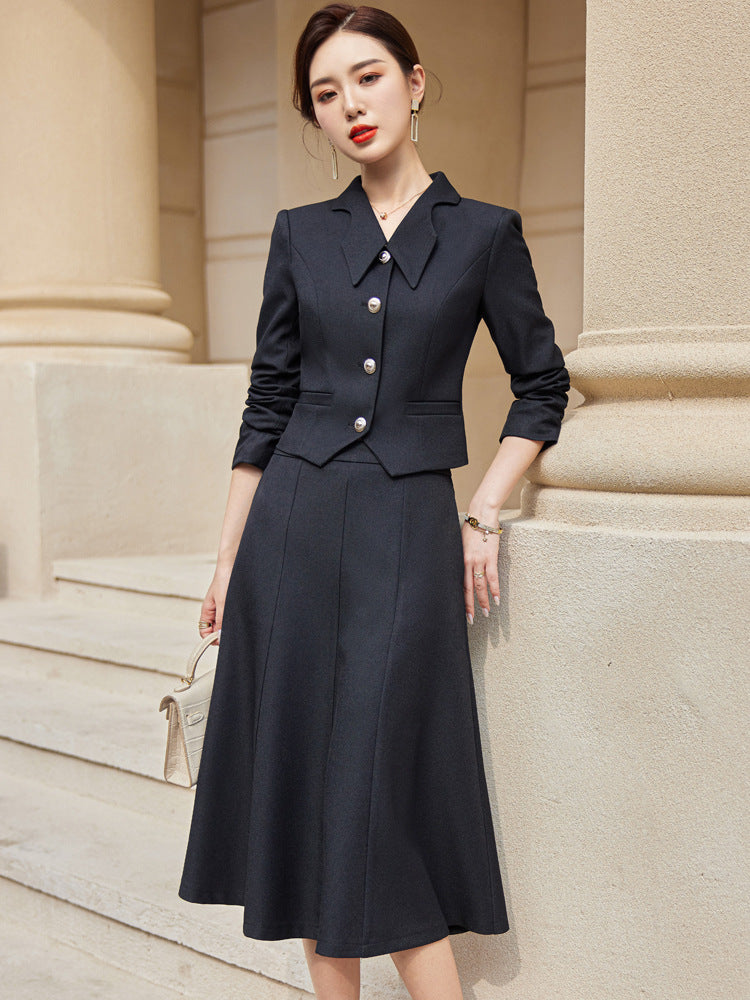 French style black dress Women's Spring and Autumn New retro high-grade elegant socialite high-end suit two-piece suit