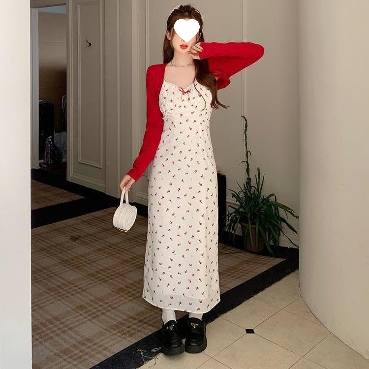 Plus Size Fat mm French Sweet Sexy Sweet Contrasting Suspender Skirt Women's Summer Red Cardigan + Floral Skirt Two-Piece Set