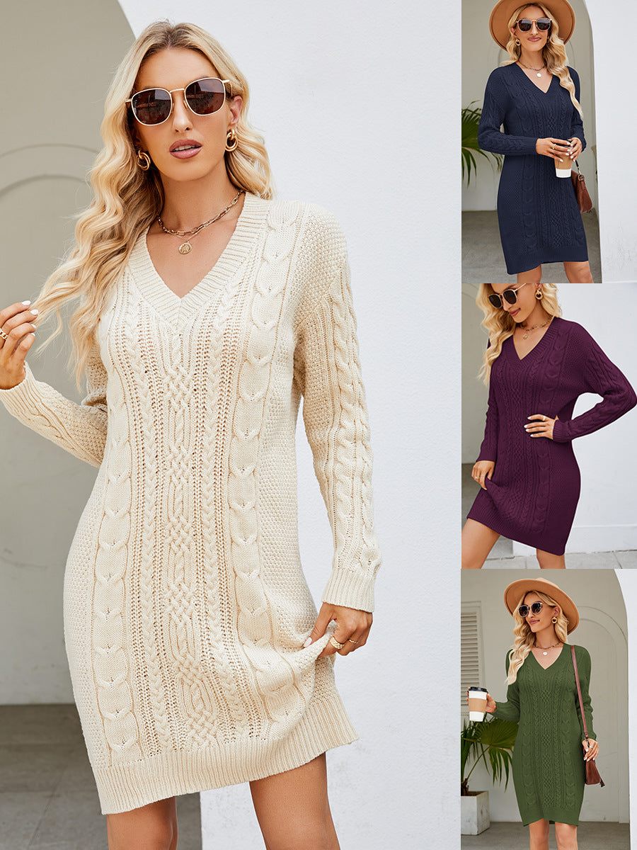 Cross-Border European and American Clothing Pure Color V Neck Long Sweater Dress Autumn and Winter Fashion Elegant Cable Bottoming Knitted Dress