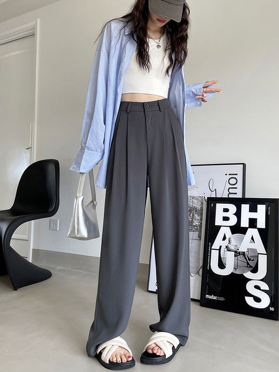 Gray Suit Pants for Women Spring and Summer New High-Waisted Double Pleated Slim Floor-Length Trousers Casual Straight Wide-Leg Pants