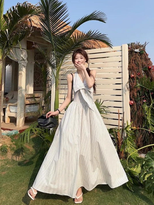 Gentle Style Stripesd Bow Halter V-Neck Dress for Women Summer Seaside Vacation A-Line Skirt French Style Long Skirt