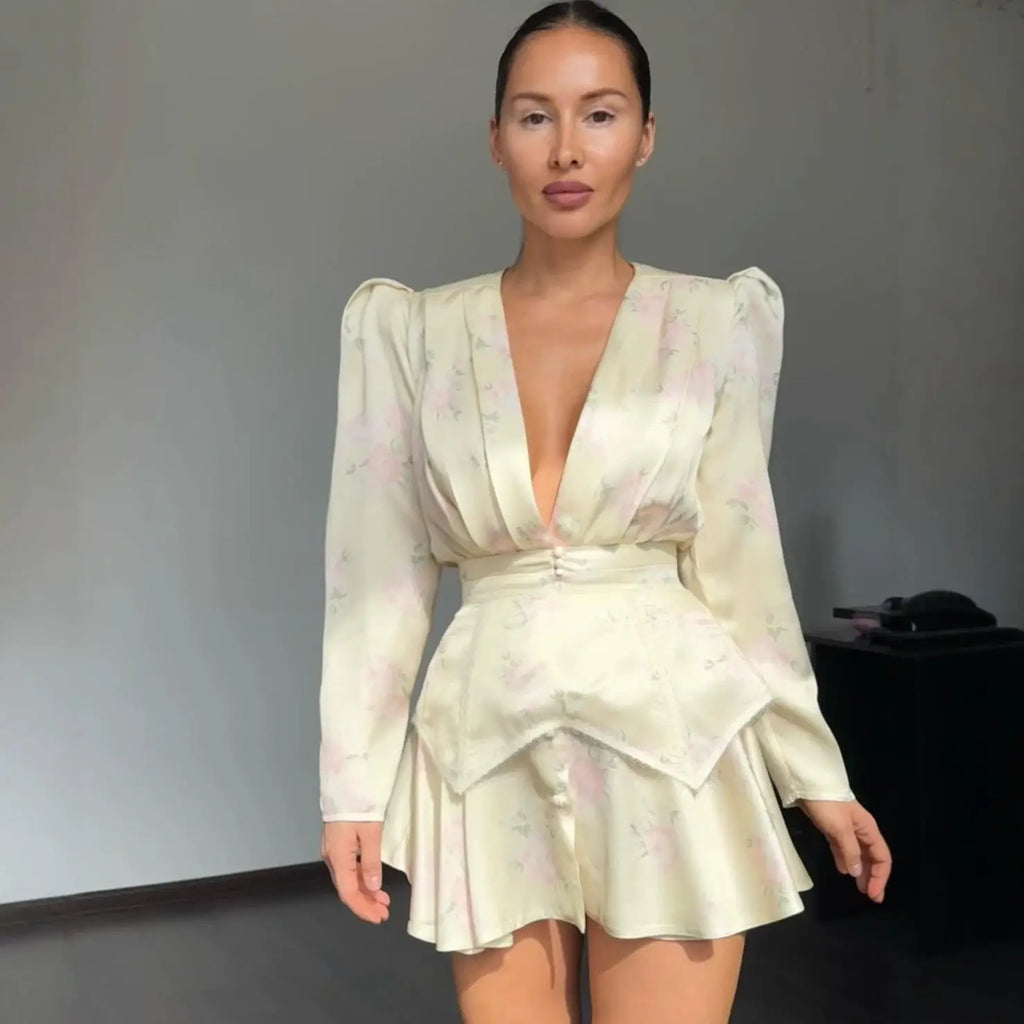 Elegant Women's Printed Waistband Short Dress Deep V-neck Long Puff Sleeve Pleated Dresses 2026 Summer Lady Holiday Party Robe