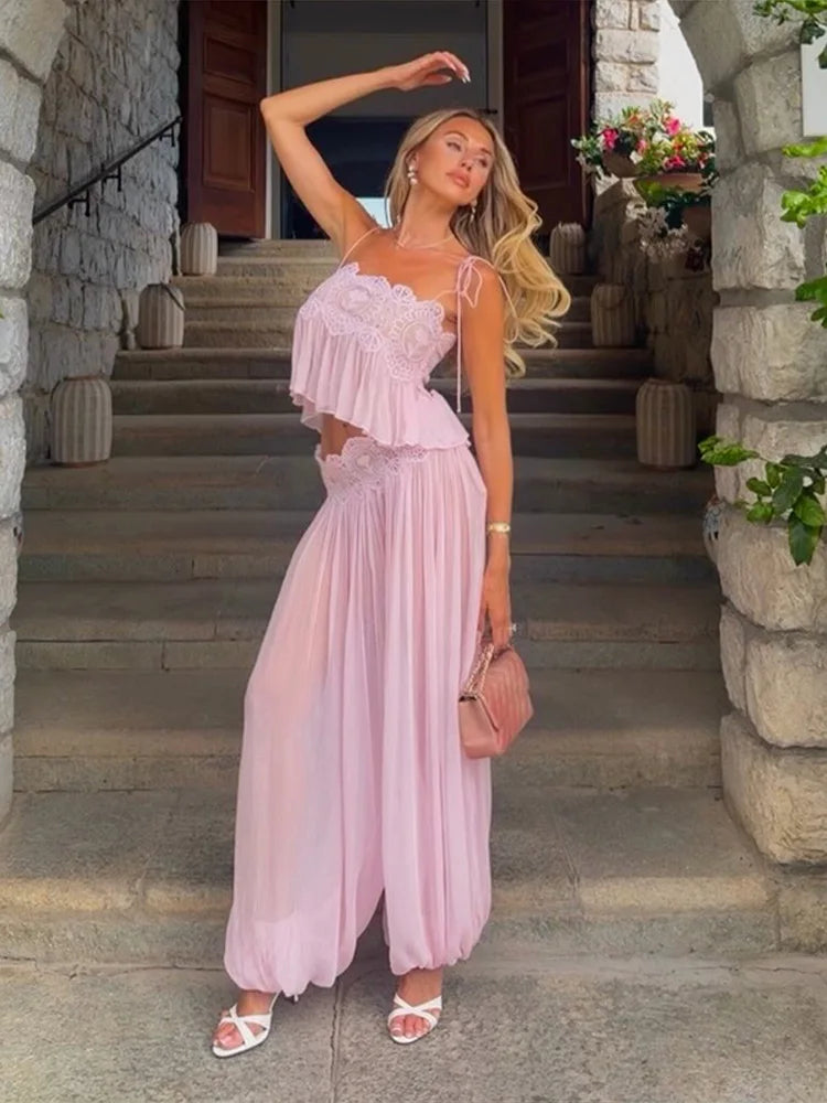 See Through Lace Vest Pant Set Women Beach Sling  Tops Pleated Straight Pants 2026 Summer Vacation Hollow Out Lady Suits